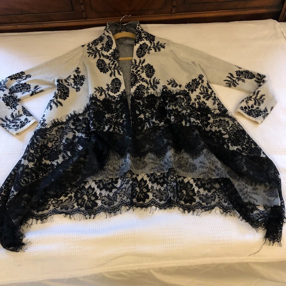 Sioni Cardigan Wool Nylon Small Open Front Stretch Long Sleeve See Lace pic B82